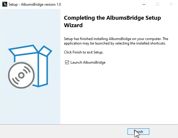 Setup wizard: installation complete, with the Launch AlbumsBridge option and the Finish button