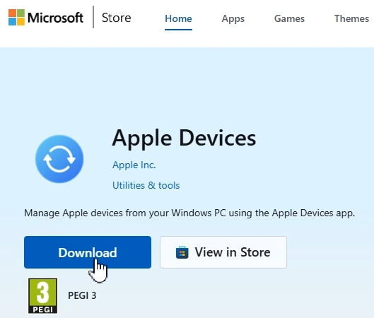 Microsoft Store page for Apple Devices with the Download button highlighted