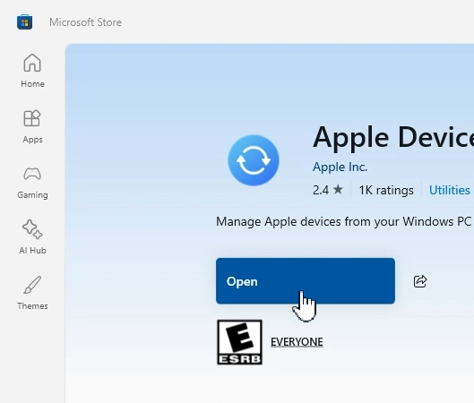 Apple Devices installed in the Microsoft Store, with the Open button highlighted