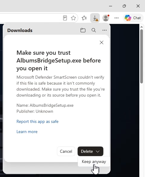 SmartScreen prompt in the browser with the Keep anyway option highlighted