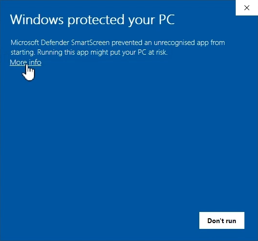 Windows protected your PC warning with the More info link highlighted