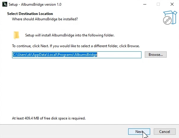 Setup wizard: choose the destination folder, then click Next
