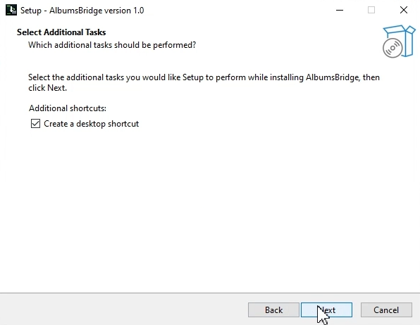 Setup wizard: choose additional tasks such as a desktop shortcut, then click Next