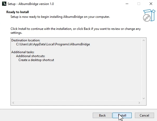 Setup wizard: Ready to Install, click Install